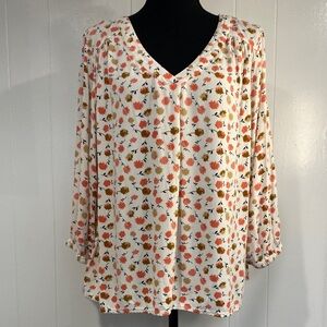 Floral V-Neck Rayon Blouse | 3/4 Sleeve Cottagecore | Boho Flowy Top Size 14-16